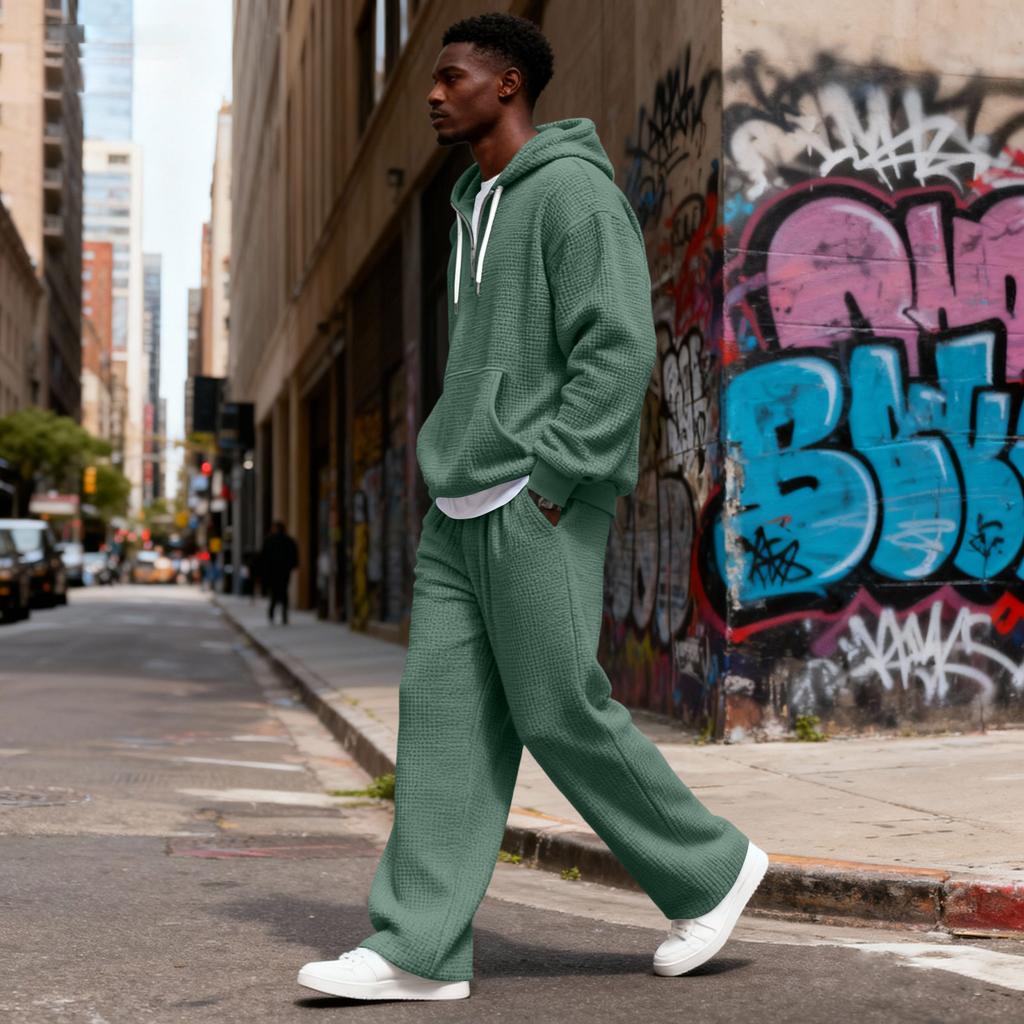 Men's  And Winter  Texture Zipper Hooded Sweatshirt Straight Pants Casual Set