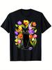 Black Cat Floral Tulip Watercolor T-shirt