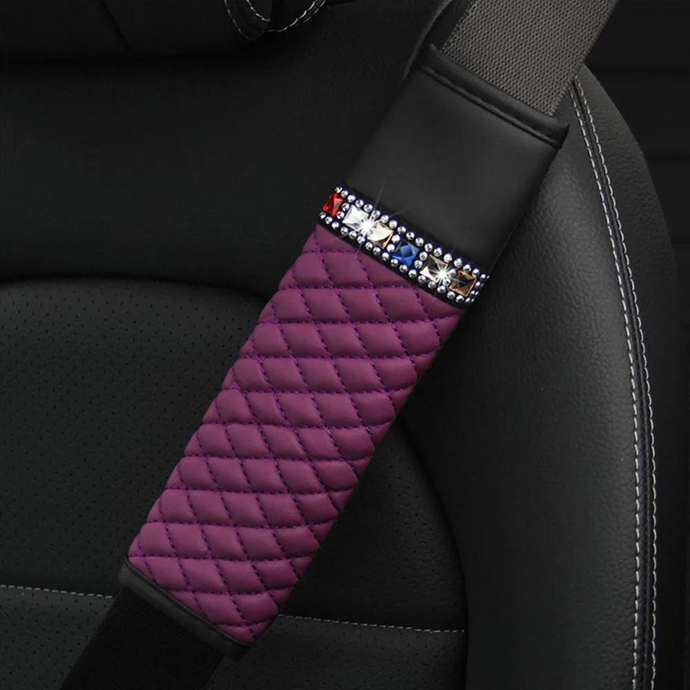 1Pc Universal Car Leather Diamond Rhinestone Seat Belt Cover Breathable Braided Plaid Auto Shoulder Protector Car Accessories