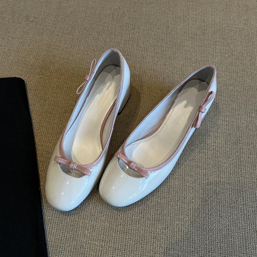 Spring and Autumn New Thick Heel Single Shoes Women's Middle Heel Bow Color Matching Women's Shoes