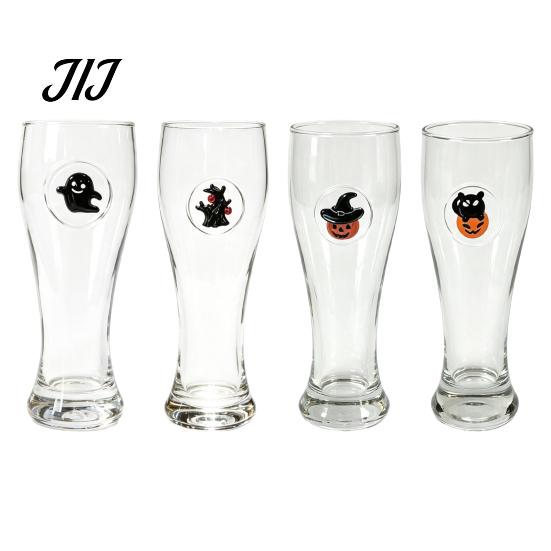 Handheld Slimming Shape Cup 400ML Beer Glass, Spooky Pumpkin Ghost Black Cat Halloween Sturdy High Transparency Glass Cup, Holiday Tall Glassware for