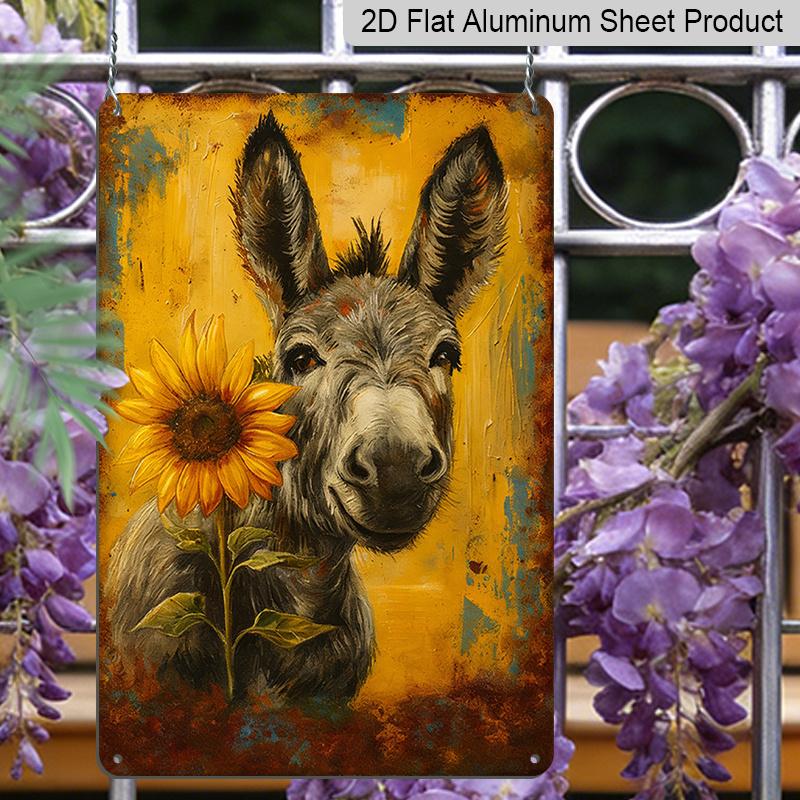 2D Flat, Vintage Metal Donkey Sign, Cute Donkey and Sunflower Patterns, 8x12 Inch, Durable Aluminum Material, Indoor/Outdoor Decorative Hanging Plate