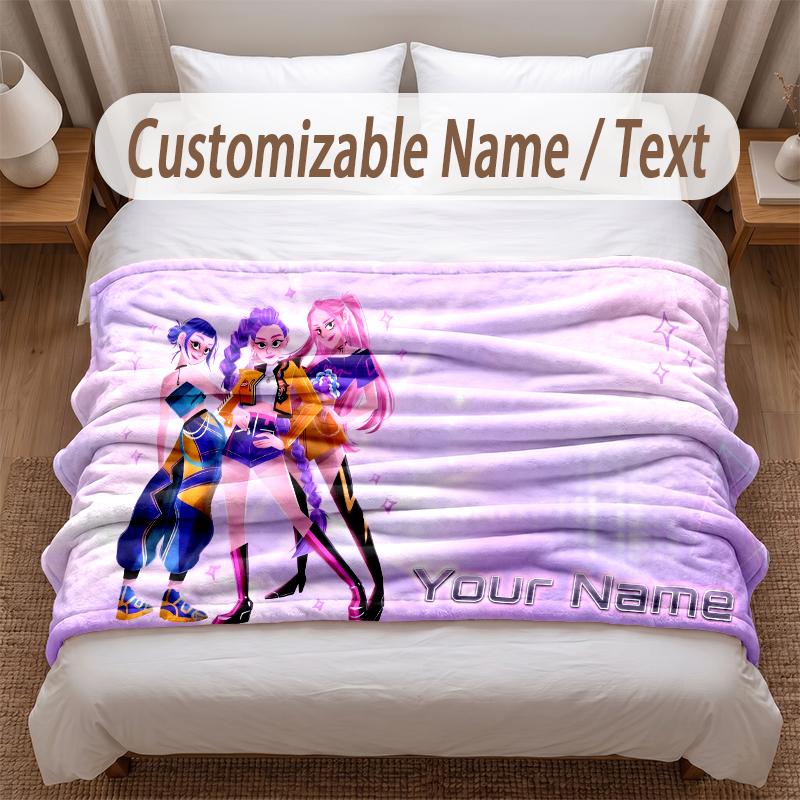 Kpop Demon Hunters Printed Flannel Blanket Custom Name Text Soft Warm Throw For Bedroom Holiday Gift