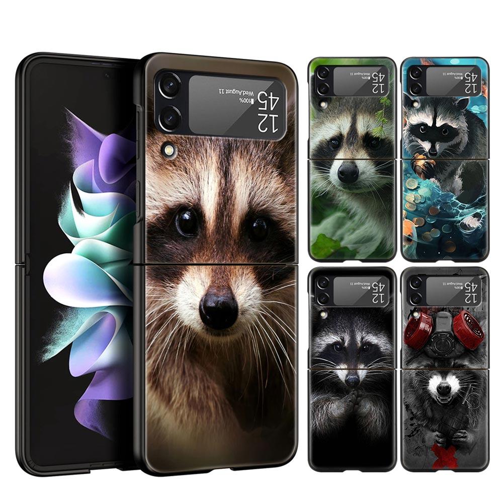 Hard PC Phone Case For Samsung Galaxy Z Flip 7 6 5 4 Black Cover For Galaxy Z Flip 3 Foldable Shockproof Cute Animal Raccoon Bag