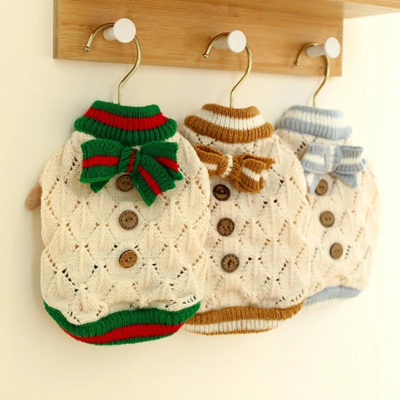 Hundepullover für Weihnachten Haustier Katze Winter Strickwaren Warme Kleidung mit Fliege Bequemes Feiertagskostüm für Kleine Hunde Katzen