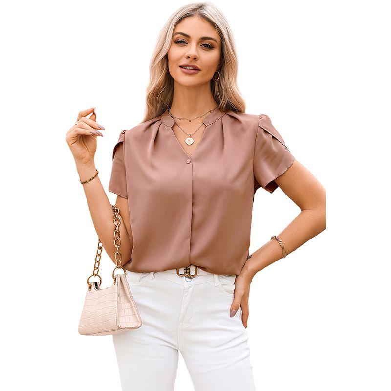 

2025 Summer New Arrival Solid Color and V-neck Short-Sleeved Chiffon Shirt Fashion Simple Slim-Fit Figure Flattering Three-Point Oversleeve Head Tops Pink P9010 2XL code fits (75.00 kg-82.50 kg