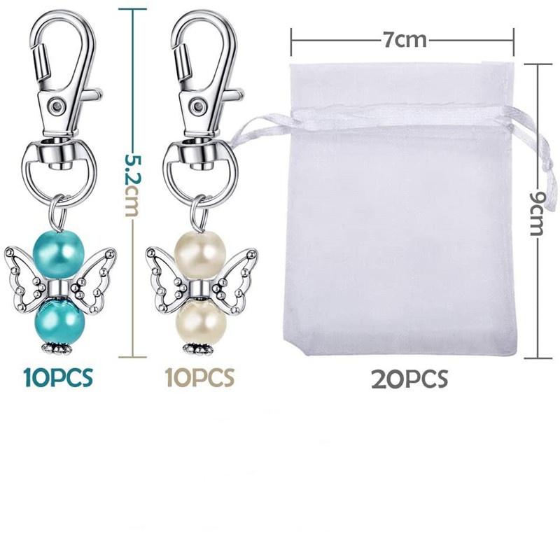 Creative Guardian Angel Wings Keychain Plus Organza Bags & Thank You Tags Baby Shower Party Supplies Wedding Birthday Gifts (Mix Color 20pcs)