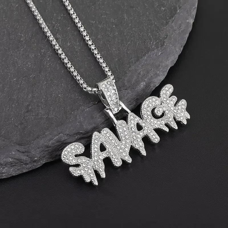 Hip Hop Ice Out Alphabet Savage Pendant Necklace Cool Men Women Hip Hop Rock Rap Jewelry Gifts