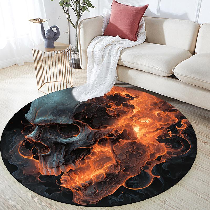 Fire and Smoke Skull  Round Area Rug,Carpet Rug for Living Room Bedroom Sofa Playroom Decor,Non-slip Floor Mat