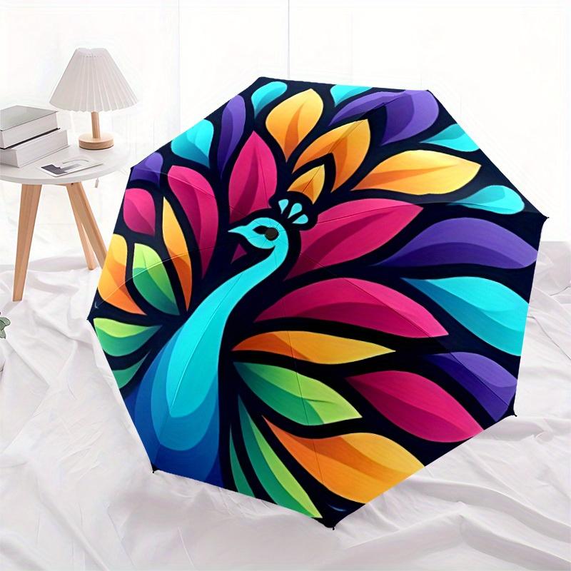 1pc Peacock Colors Compact Travel Umbrella, Automatic Folding Lightweight Windproof 8-Bone Reinforced Design,012103