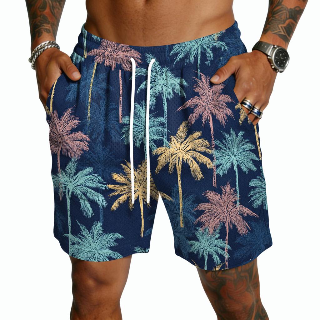 Pantalones Cortos Casuales Ligeros para Hombre con Cordón Secado Rápido Tiro de Cinco Pulgadas Cintura Elástica Diseño Estampado Hawaiano para Actividades al Aire Libre