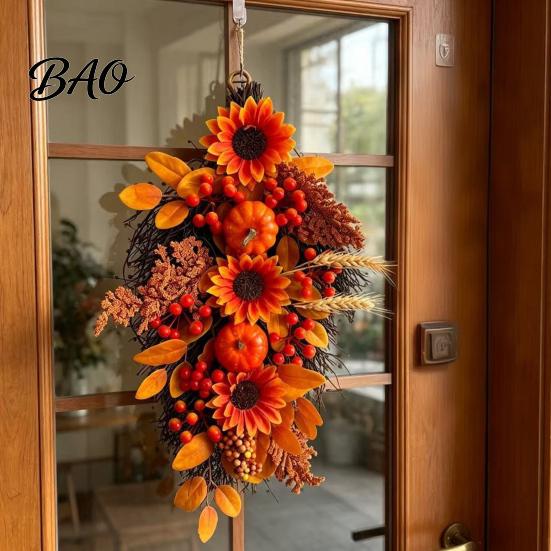 Ghirlanda da Appendere a Doppia Porta, Ghirlanda di Girasoli Autunnali, Decorazioni con Foglie d'Acero e Bacche, Artificiale, Stagionale del Ringraziamento Autunnale, Stile Farmhouse, Fronte