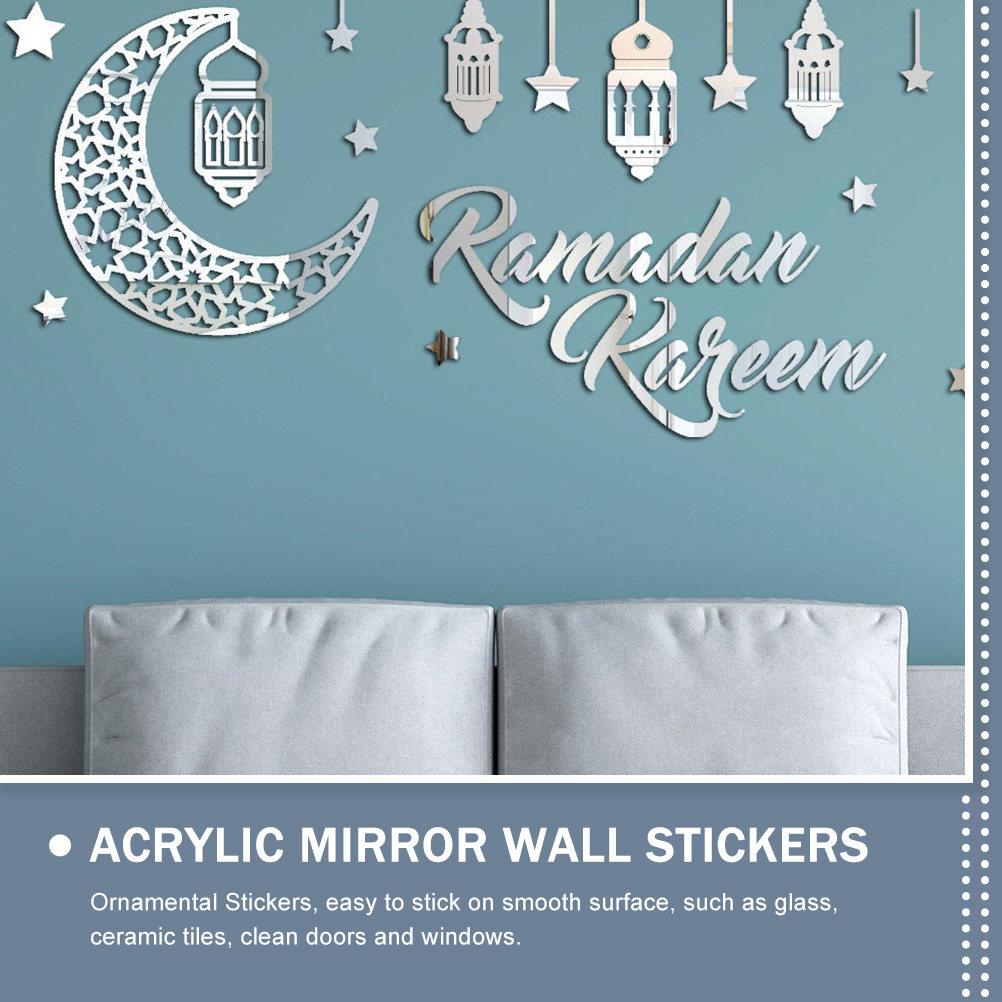 1 Sheet Mirror Effect Wall Stickers Eid Mubarak Ramadan Acrylic Moon and Star Design Festive Home Decor Window Door