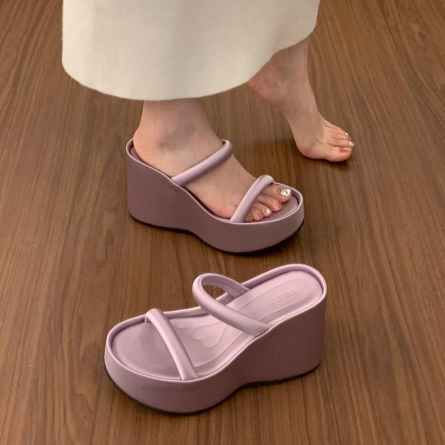 Fashion Summer Women Platform Wedges Heel Slippers Open Toe Thickness Slide Ladies Outdoor Beach Dress Sandalias Solid High Heel Shoes