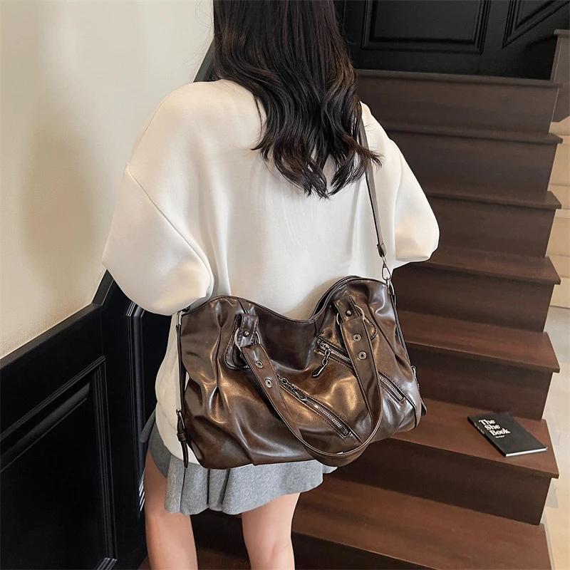 Vintage PU Leather Large Capacity Tote Rivet Zip Pockets Shoulder Cross body Bag Unisex Women Daily Travel Handbag