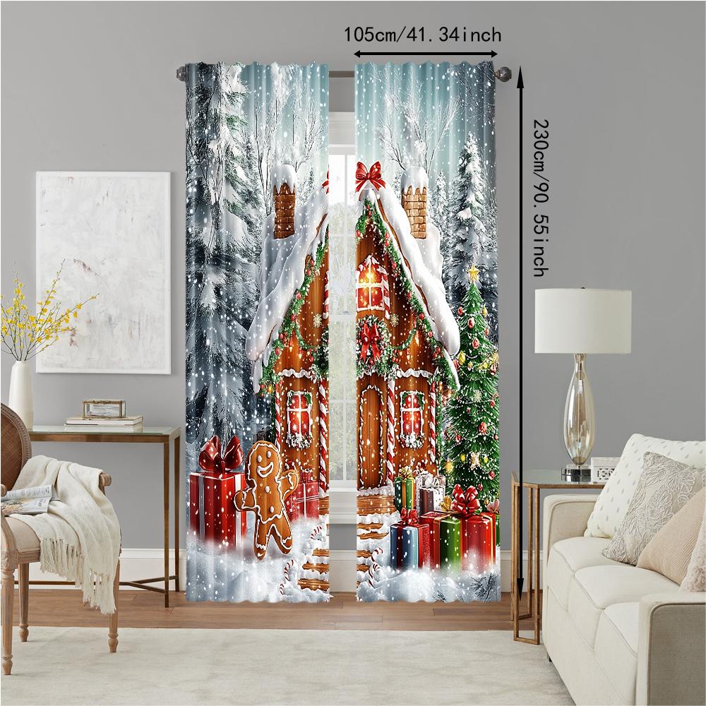 2Pcs Festive Christmas Gingerbread Window Curtains Rod Pocket Digital Printed Polyester Material Suitable For Living Room
