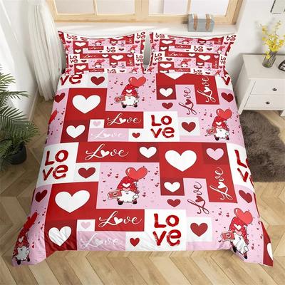 Romantic Valentines Duvet Cover King Kawaii Love Heart Theme Bedding Set Patchwork Geometric Comforter Cover Red Gnome Bed Sets