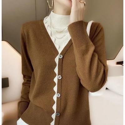 Printemps et automne vacances deux pièces tricoté femmes haut étranger polyvalent épissure pull femme 2023 pull Cardigan femmes
