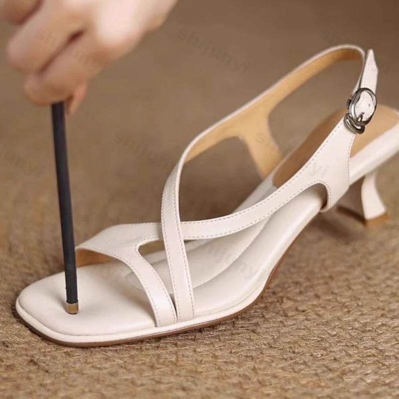 Fashion Women's Sandals Genuine Leather Sheepskin 2025 Summer Square Toe Open Toe Soft High Heels Banquet Dress Female Slingback Sandals