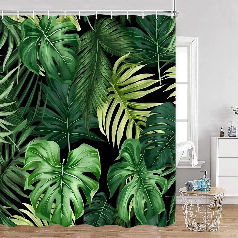 Tropical Leaves Shower Curtain Green Leaf Palm Flower Flower Bathroom Curtain Green Plant Bathroom Decoration with Hook