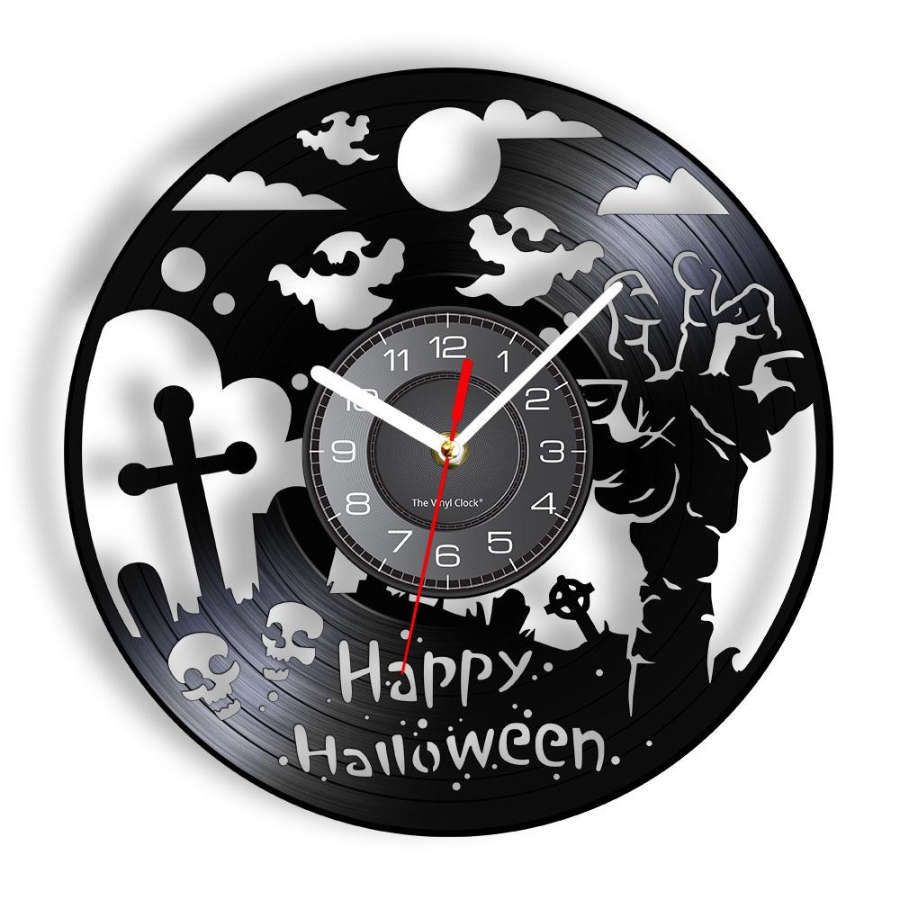 Happy Halloween Nacht Wanddekoration Vinyl Schallplatte Wanduhr Totenkopf Skelett & Geist Vintage Uhr Horror Dekoration Wanduhr