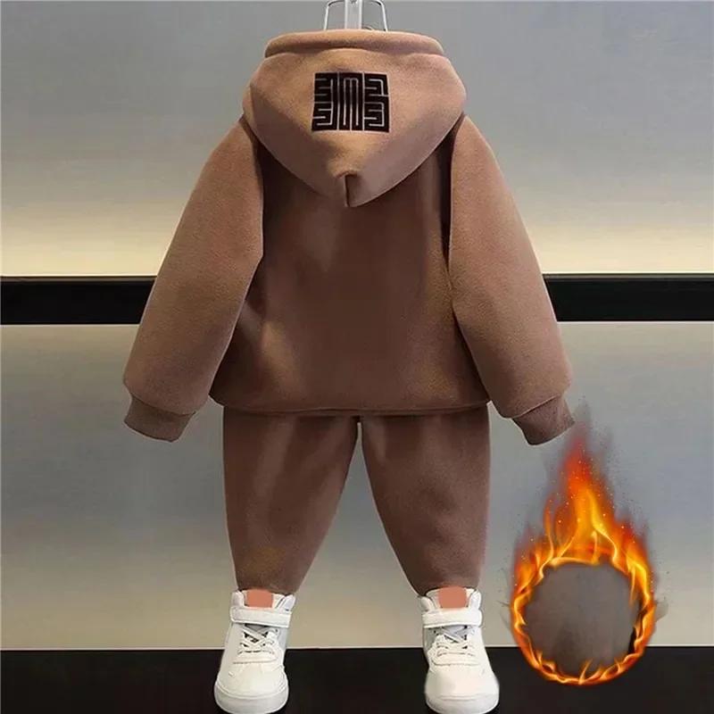 Winter Kids Thick Sweatshirt Tops+Pants 2pcs Set Clothes Autumn Boys Girls Wool Padded Warm Hoodies Big Children Letter Print Pullover Tops