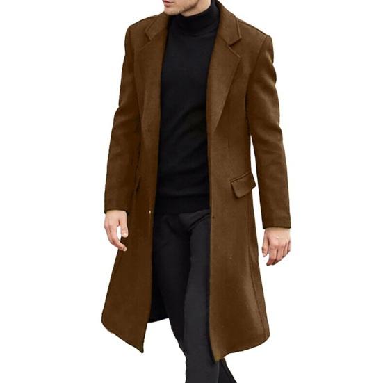 Men Woolen Coat Lapel Long Sleeve Buttons Placket Mid-length Coat Solid Color Retro Style Windbreaker