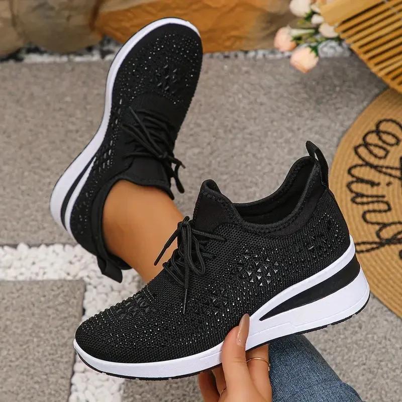 Women's Shiny Rhinestone Wedge Sneakers Breathable Knit Non Slip Walking Shoes Woman Plus Size Fashion Thick Sole White Sneakers