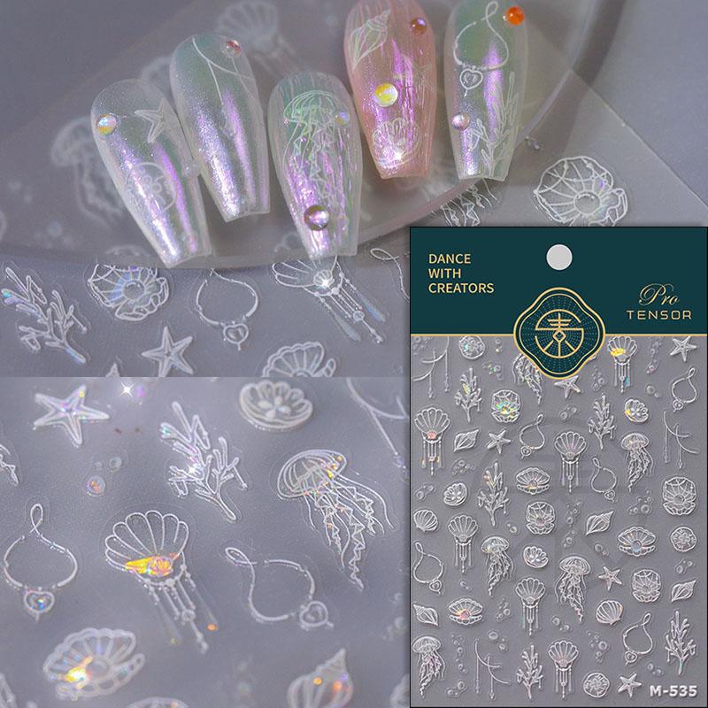 Pearl Shell Starfish Conch Coral Bubble Ocean Blue Polarized Self Adhesive Nail Art Stickers Goldfish Koi Manicure Decals