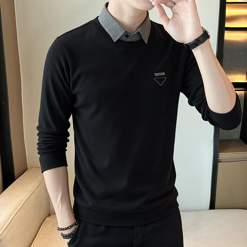 Autumn Sweatshirt Men's Long-sleeved Fake Two-piece Shirt Collar Fashion Top New T-shirt Base Shirt Dad Outfit