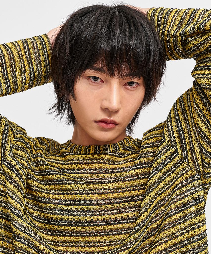 C WEAR BY THE GENIUS See-Through Craft Knit Pullover Yellow