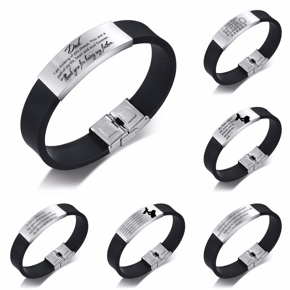 Vnox Father's Day Gift to Dad Soft Silicone Bracelet for Men Adjustable Length Stainless Steel ID Bar Customize Engraving Bangle