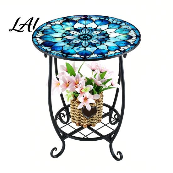 Butterfly Pattern Table Outdoor Side Table Round Small Mosaic Bird Patio Accent Indoor End Plant Coffee Tea for Yard Porch Garden Living Room,
