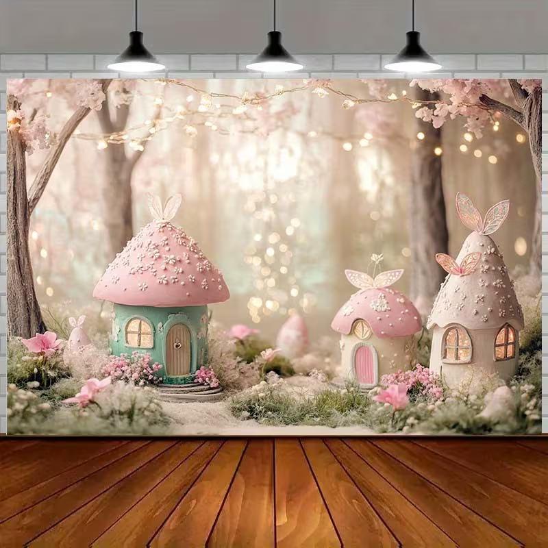2D Fairy Tale Mushroom Houses Photography Backdrop Background 47.2x31.5inch/120*80cm