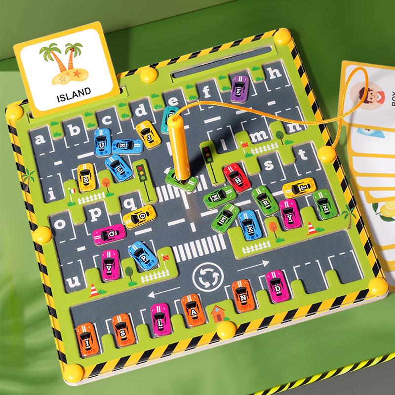 Fashnics Montessori Magnetic Alphabet Maze Letter Puzzle Wooden Educational Toy Parking Lot Drawing Board Early Learning Activities Gifts