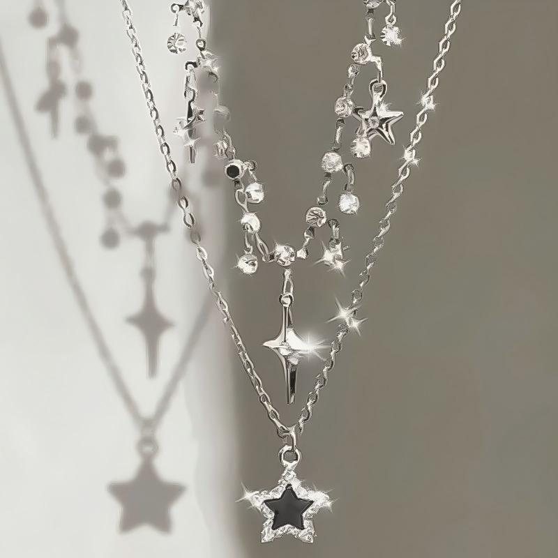 Trendy Vintage Black Star Cross Pendant Multi Layer Chain Necklace for Women Gothic Y2K Charm Jewelry Accessories Wholesale