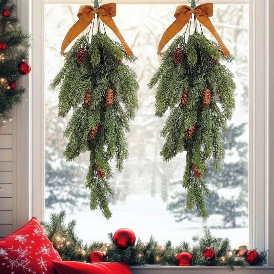 Christmas Teardrop Swag Artificial Norfolk Pine Branch Door Swag with Faux Pine Cones And Bow for Indoor Outdoor Mantel Fireplace Stairway Decor