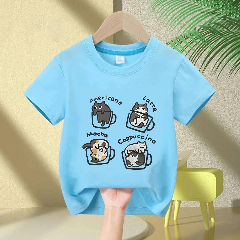 Cat Coffee Pure Cotton Trendy Summer Kids Short Sleeved Tshirt BoyGirl Original Mocha Latte Cat Three Flowers Fun Cat Tees