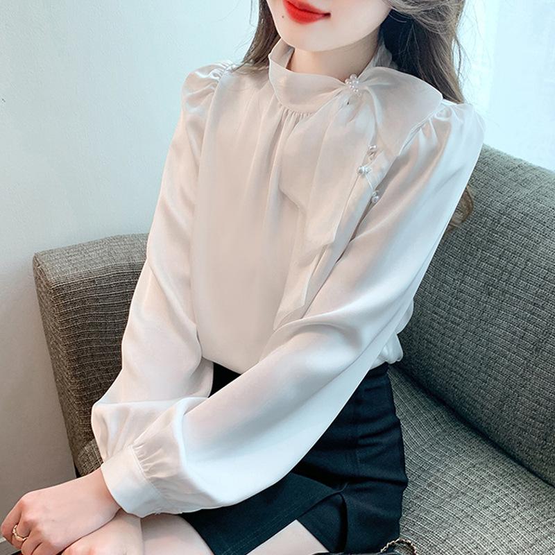 Bow Streamer Sweet Shirt for Women New Autumn and Winter Satin Draped Base Shirt Long Sleeve Slim Top