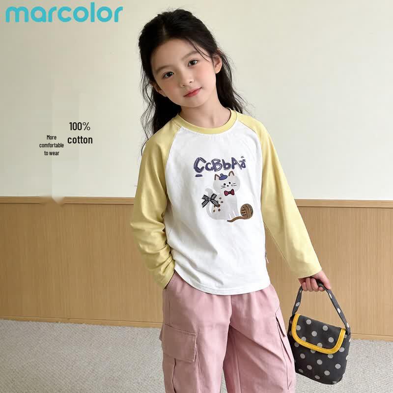 Girls' Cotton Raglan Colorblock Cartoon Print Long-Sleeve T-Shirt