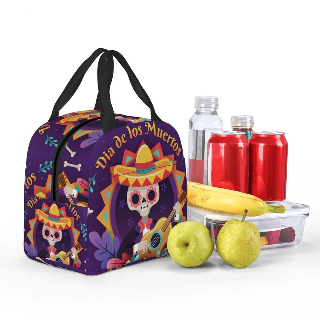 Mexican Sugar Skulls And Flowers Insulated Lunch Bag for Women Children Portable Food Boxes Thermal Lunch Box Tote