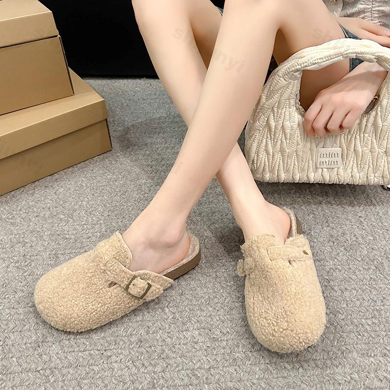 Fashion Fashion Retro Casual Thick Sole Warm Cotton Half Slippers for Women 2025 Winter New Comfortable Slip On Buckle Design Drag Shoes