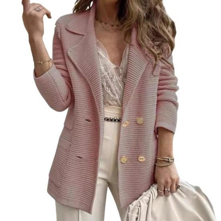 Women Fall Coat Long Sleeve Tweed Blazer Jacket Double Breasted Notched Lapel Ribbed Open Front with Pockets