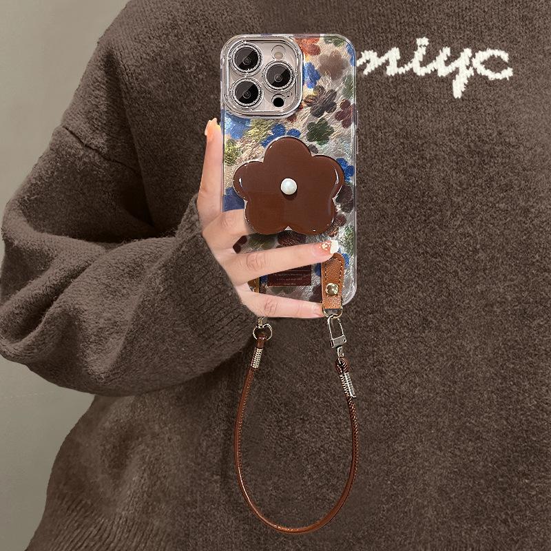 Retro Flower Bracket Lanyard Suitable for Apple 16e Mobile Phone Case Iphone15promax All-inclusive Lens Film 13
