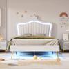 Paturi Copii Tapițate 90 x 200cm Cadru pentru Fete Coroană Albă Dublu Fabricat din Piele Ecologică cu Lumini LED Somieră și Spătar (Saltea