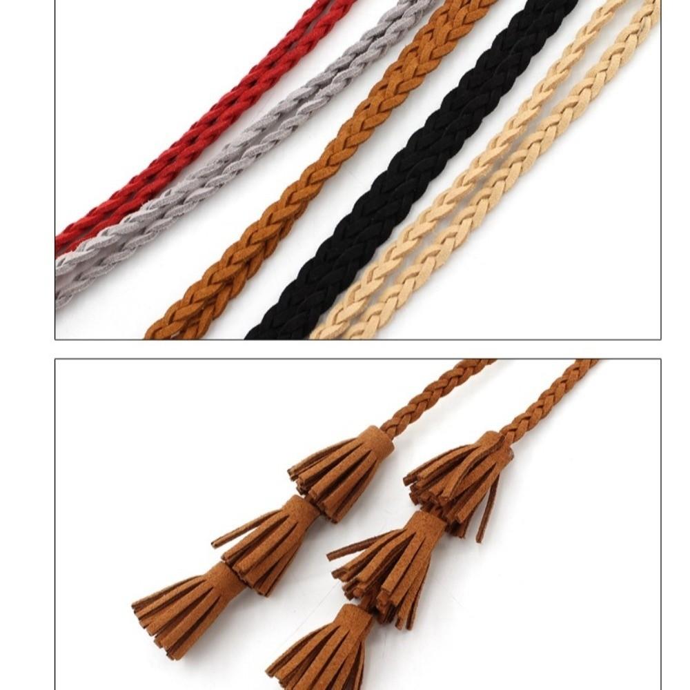 Solid Color Thin Waist Rope Belt Tassel Detail Knit Belt Fashion Dress Waistband  Waist Accessory