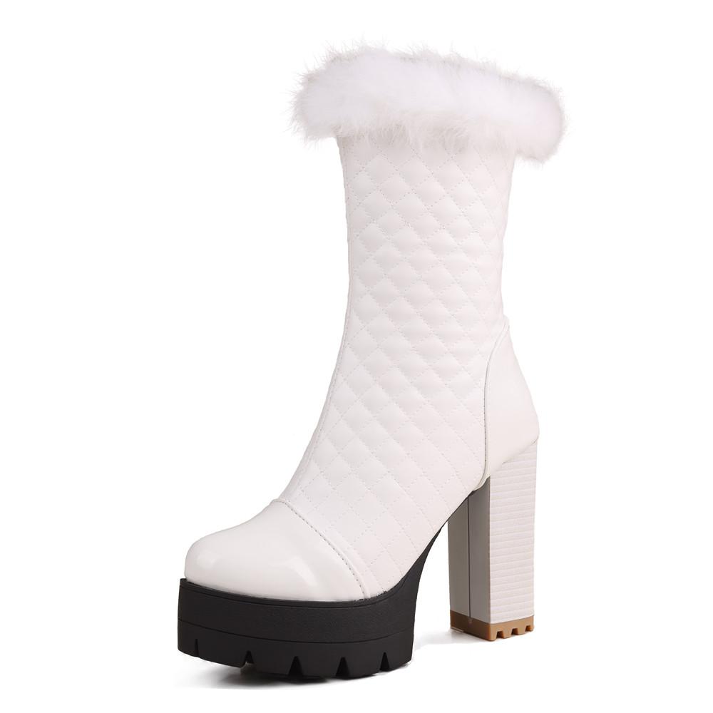 Fashion Womens Fur Thick High Heel Shoes Platform Elastic Band Side Zip Chelsea Boots Black Ankle Boot Zapatos Para Mujeres Motorcycle