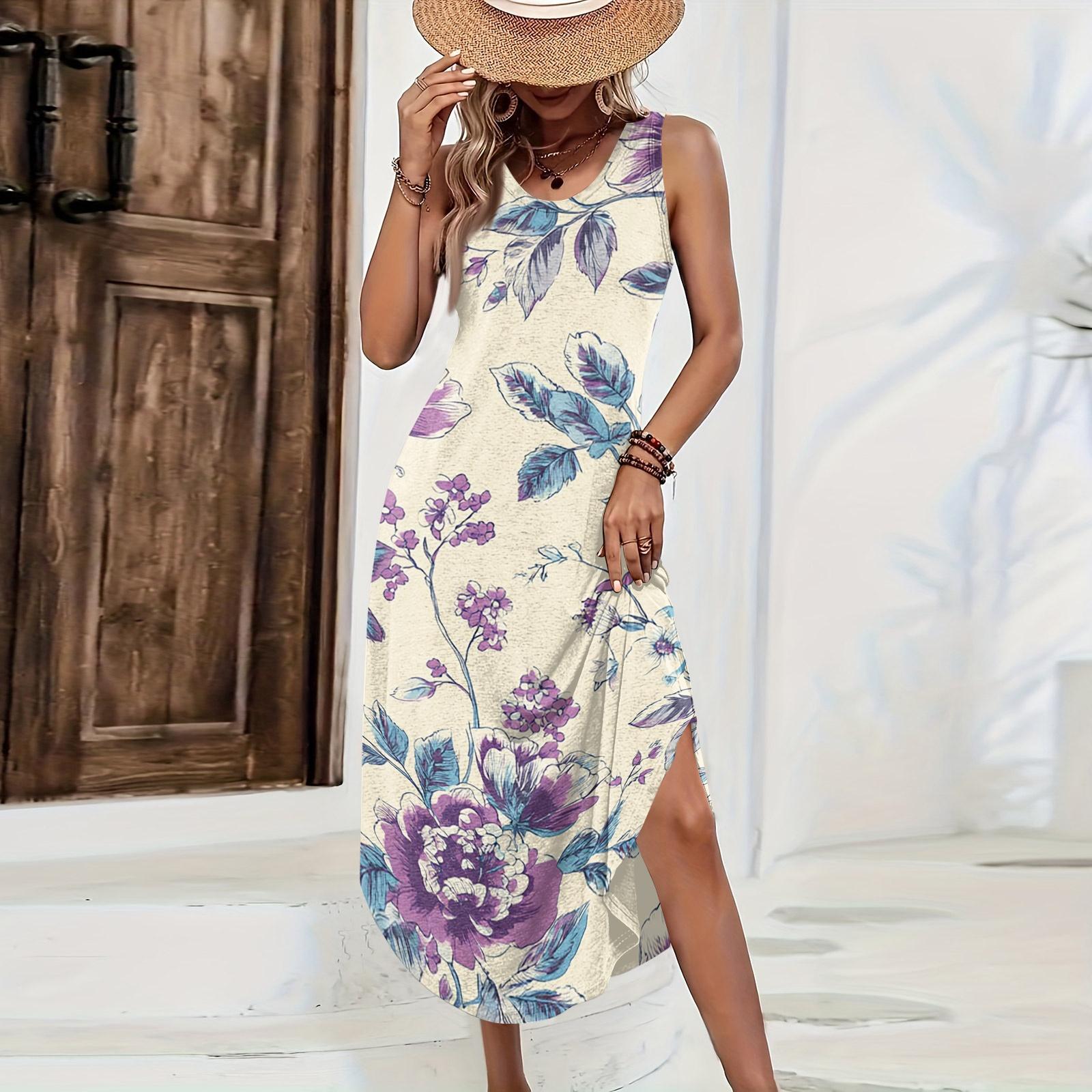 

Women Sleeveless Floral Print Maxi Dress Casual Loose Fit Long Sundress Summer Lightweight Tank Style Beach Outfit L синий