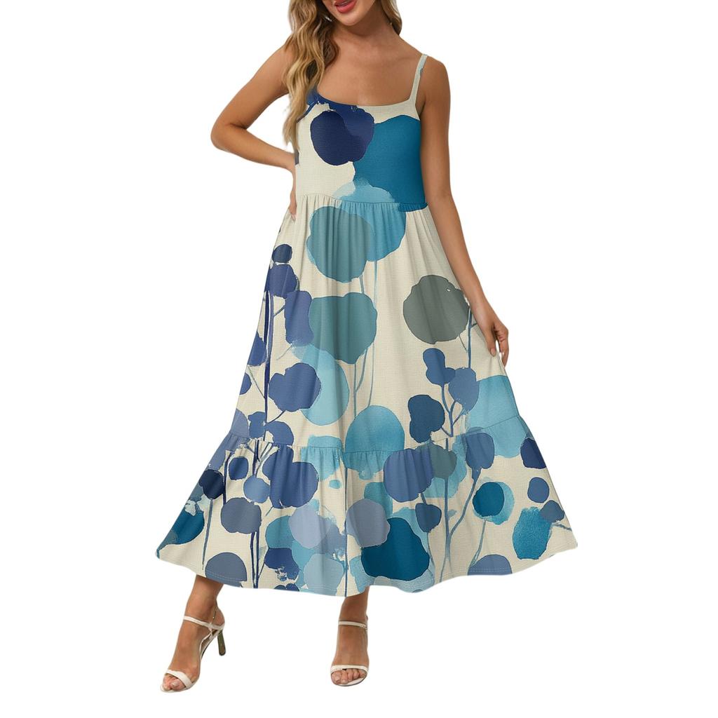 Women's Long Beach Casual Elegant Spaghetti Strap Maxi Dress Stitching Low-key Flowing Bohemian Dress