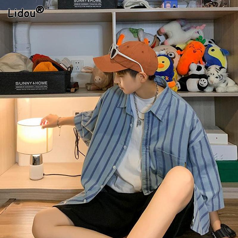 Streetwear Shirts Fashion Casual Striped Loose Handsome Turn-down Collar Elbow Sleeve Summer Man Button Pockets Men's Clothing